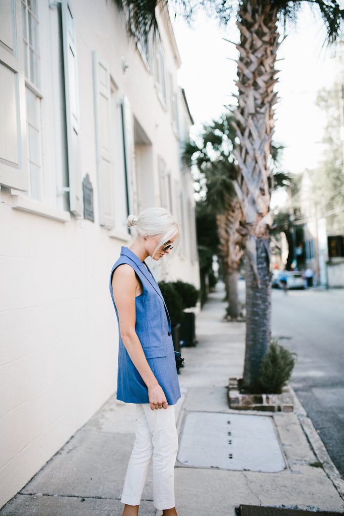 business casual banana republic chambray vest office attire day to night summer look 2016 H&M slacks peep toe mules // Charleston Fashion Blogger Dannon Almost Happening 