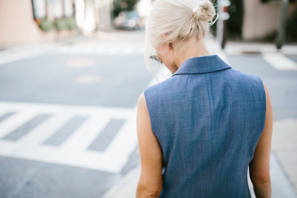 business casual banana republic chambray vest office attire day to night summer look 2016 H&M slacks peep toe mules // Charleston Fashion Blogger Dannon Almost Happening 