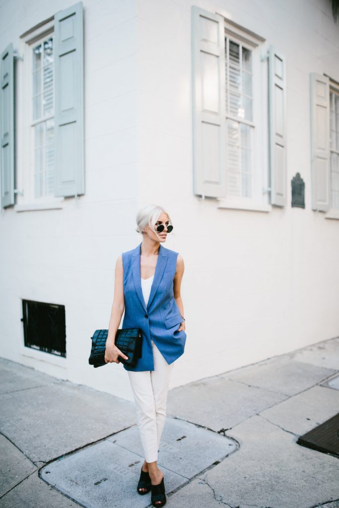 business casual banana republic chambray vest office attire day to night summer look 2016 H&M slacks peep toe mules // Charleston Fashion Blogger Dannon Almost Happening 