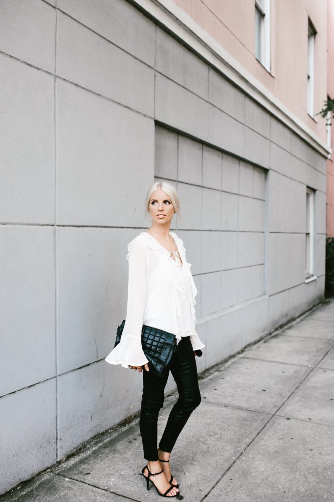Makeovers and Mimosas Mosa Boutique For Love and Lemons White Ruffle Top Eva Blouse BlankNYC Leather Leggings // Charleston Fashion Blogger Dannon Almost Happening 