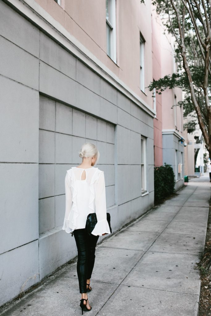 Makeovers and Mimosas Mosa Boutique For Love and Lemons White Ruffle Top Eva Blouse BlankNYC Leather Leggings // Charleston Fashion Blogger Dannon Almost Happening 