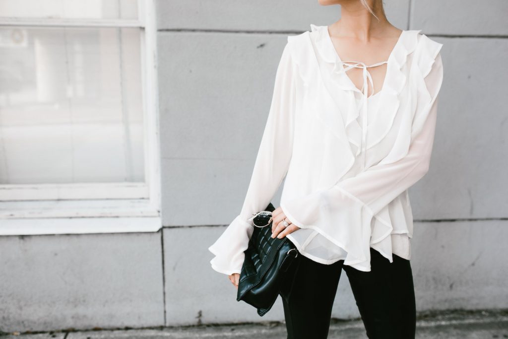 Makeovers and Mimosas Mosa Boutique For Love and Lemons White Ruffle Top Eva Blouse BlankNYC Leather Leggings // Charleston Fashion Blogger Dannon Almost Happening 