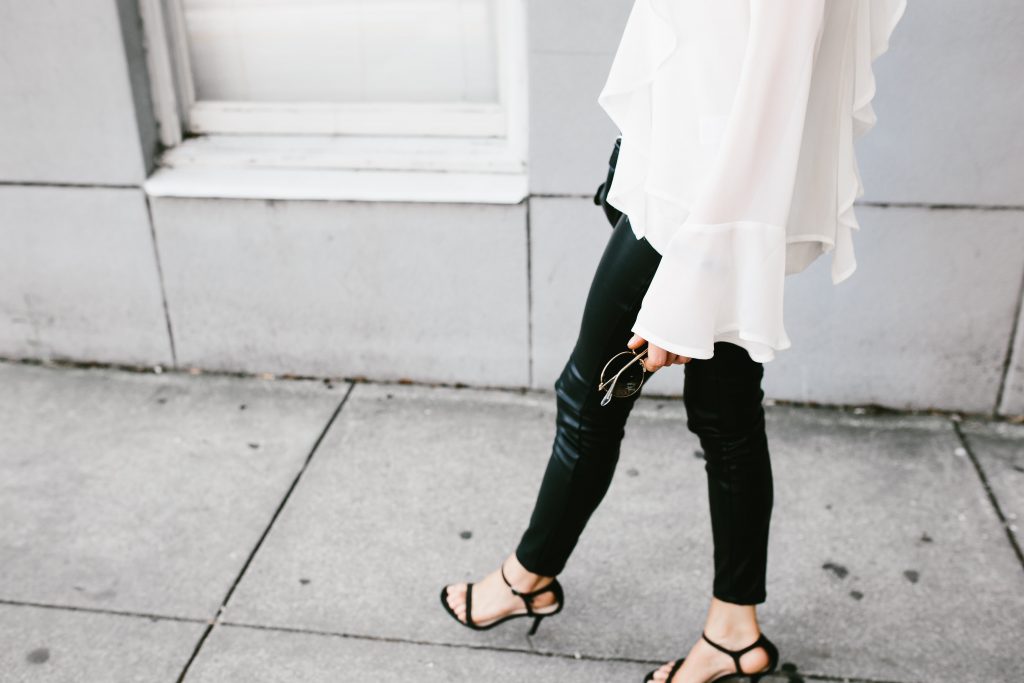 Makeovers and Mimosas Mosa Boutique For Love and Lemons White Ruffle Top Eva Blouse BlankNYC Leather Leggings // Charleston Fashion Blogger Dannon Almost Happening 