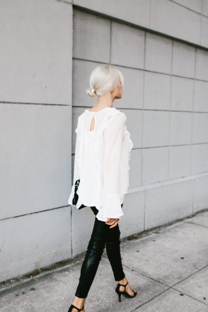 Makeovers and Mimosas Mosa Boutique For Love and Lemons White Ruffle Top Eva Blouse BlankNYC Leather Leggings // Charleston Fashion Blogger Dannon Almost Happening 