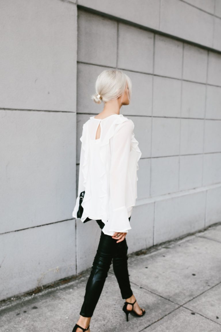 Makeovers and Mimosas Mosa Boutique For Love and Lemons White Ruffle Top Eva Blouse BlankNYC Leather Leggings // Charleston Fashion Blogger Dannon Almost Happening