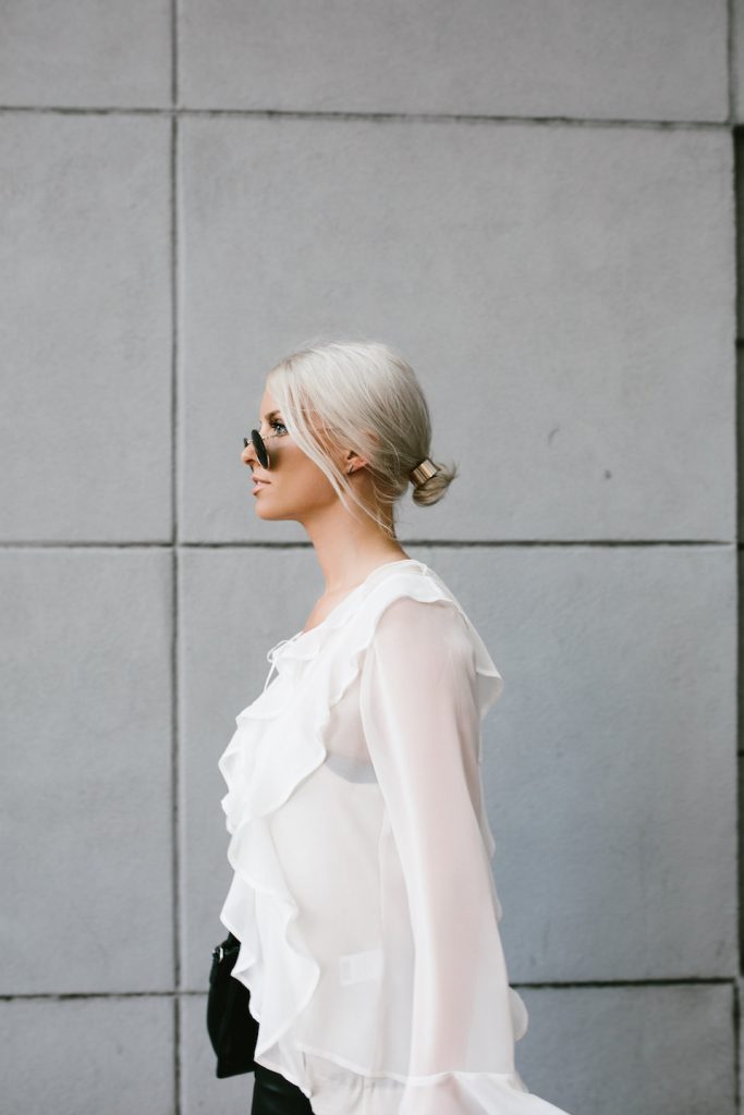 Makeovers and Mimosas Mosa Boutique For Love and Lemons White Ruffle Top Eva Blouse BlankNYC Leather Leggings // Charleston Fashion Blogger Dannon Almost Happening 