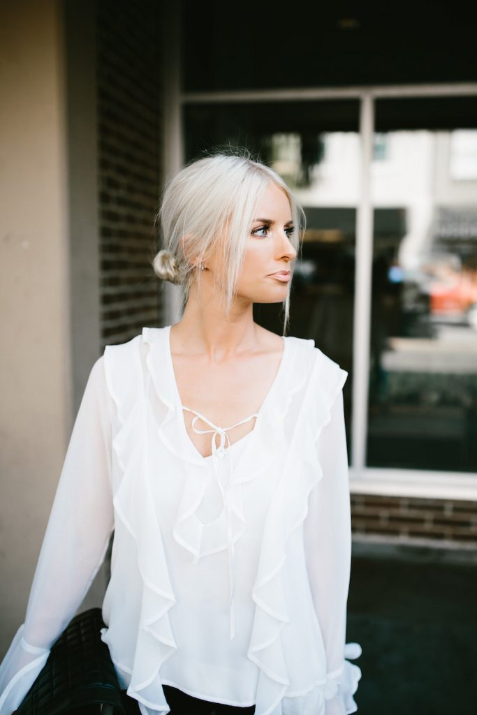 Makeovers and Mimosas Mosa Boutique For Love and Lemons White Ruffle Top Eva Blouse BlankNYC Leather Leggings // Charleston Fashion Blogger Dannon Almost Happening 