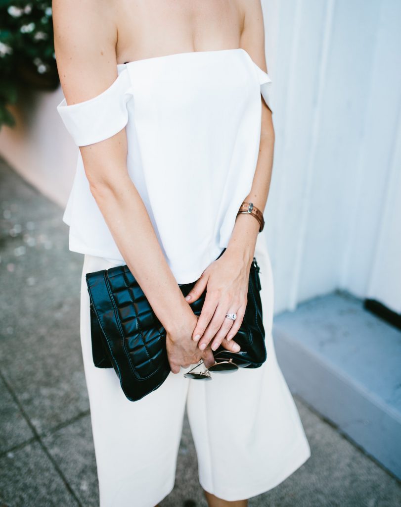 Off-the-shoulder forever 21 white crop top Cmeo Palisades top look-a-like tan culottes downtown street style Spring Summer Blogger 2016 Flower Boxes // Charleston Fashion Blogger Dannon Almost Happening 