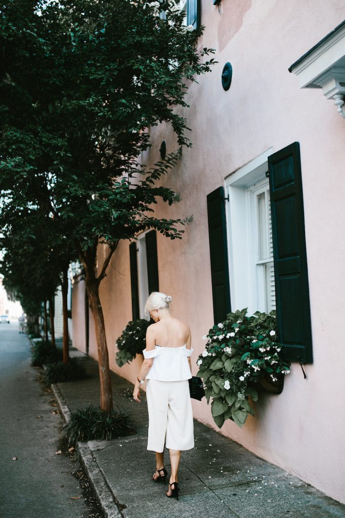 Off-the-shoulder forever 21 white crop top Cmeo Palisades top look-a-like tan culottes downtown street style Spring Summer Blogger 2016 Flower Boxes // Charleston Fashion Blogger Dannon Almost Happening 