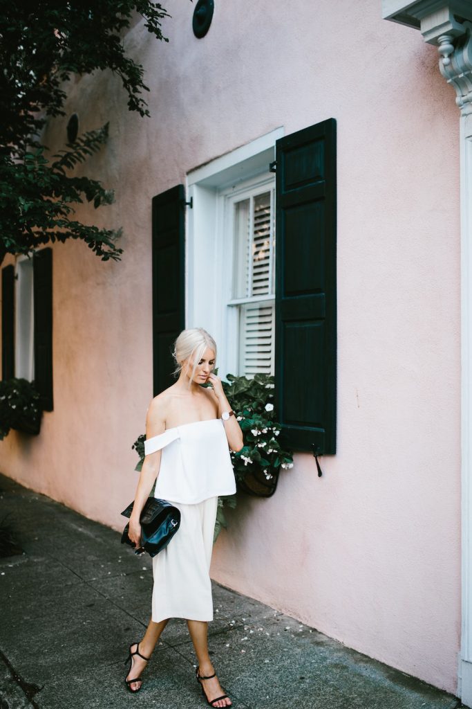 Off-the-shoulder forever 21 white crop top Cmeo Palisades top look-a-like tan culottes downtown street style Spring Summer Blogger 2016 Flower Boxes // Charleston Fashion Blogger Dannon Almost Happening 