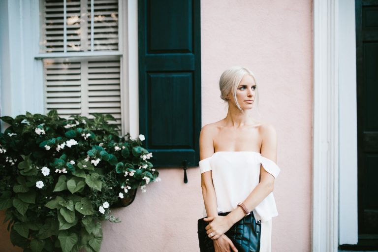 Off-the-shoulder forever 21 white crop top Cmeo Palisades top look-a-like tan culottes downtown street style Spring Summer Blogger 2016 Flower Boxes // Charleston Fashion Blogger Dannon Almost Happening