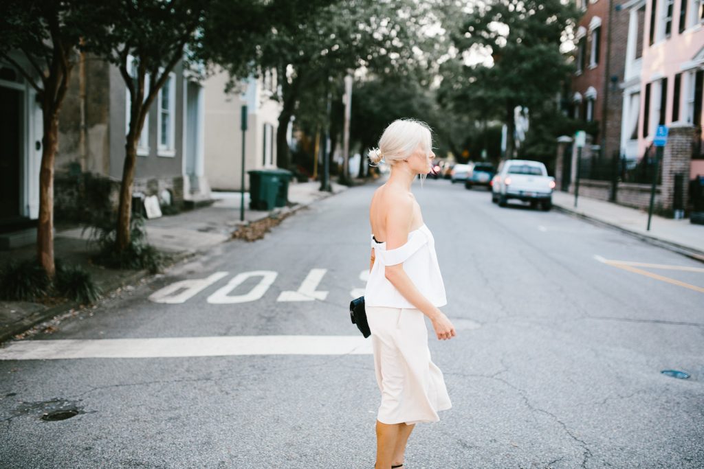 Off-the-shoulder forever 21 white crop top Cmeo Palisades top look-a-like tan culottes downtown street style Spring Summer Blogger 2016 Flower Boxes // Charleston Fashion Blogger Dannon Almost Happening 