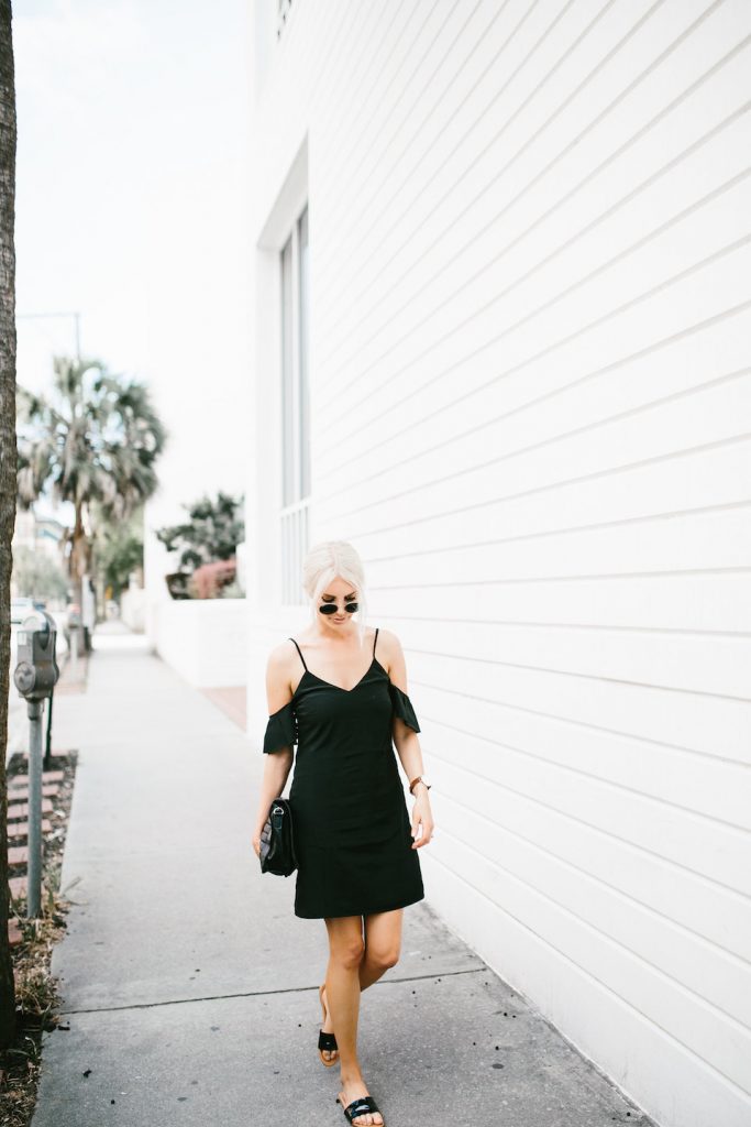 Saroka Frill Seeker dress off-the-shoulder black H&M slip-on sandals spring summer street style 2016 // Charleston Fashion Blogger Dannon Almost Happening