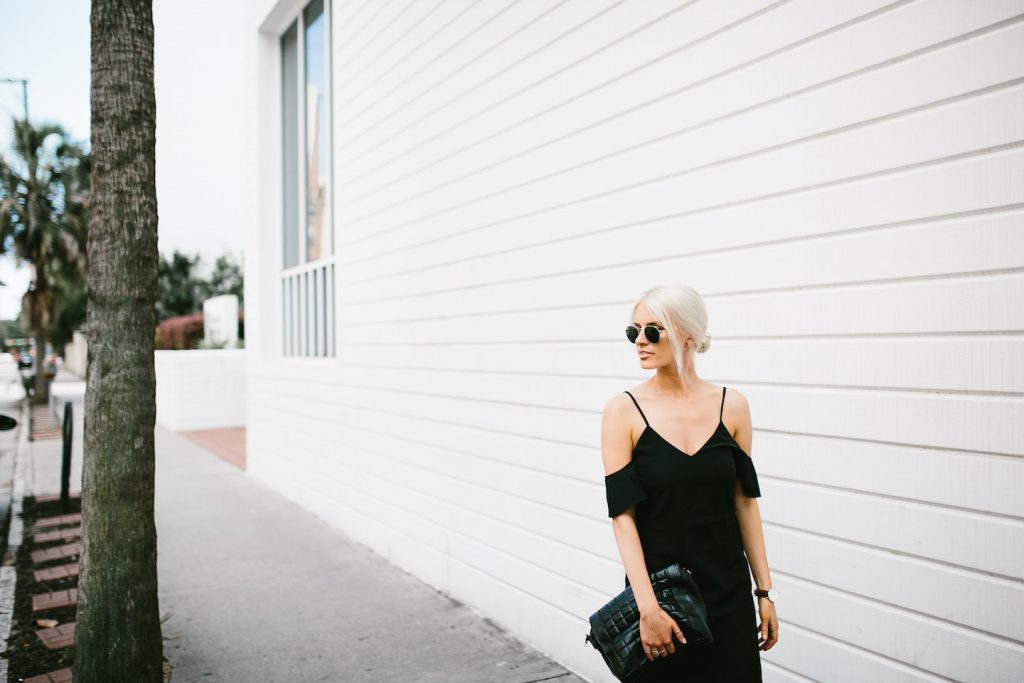 Saroka Frill Seeker dress off-the-shoulder black H&M slip-on sandals spring summer street style 2016 // Charleston Fashion Blogger Dannon Almost Happening