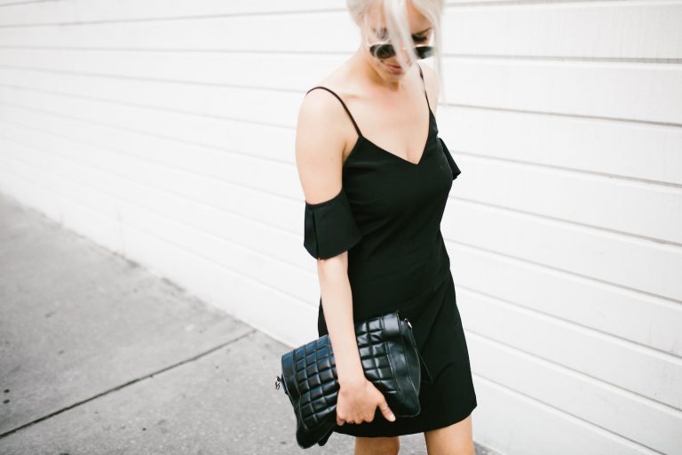 Saroka Frill Seeker dress off-the-shoulder black H&M slip-on sandals spring summer street style 2016 // Charleston Fashion Blogger Dannon Almost Happening