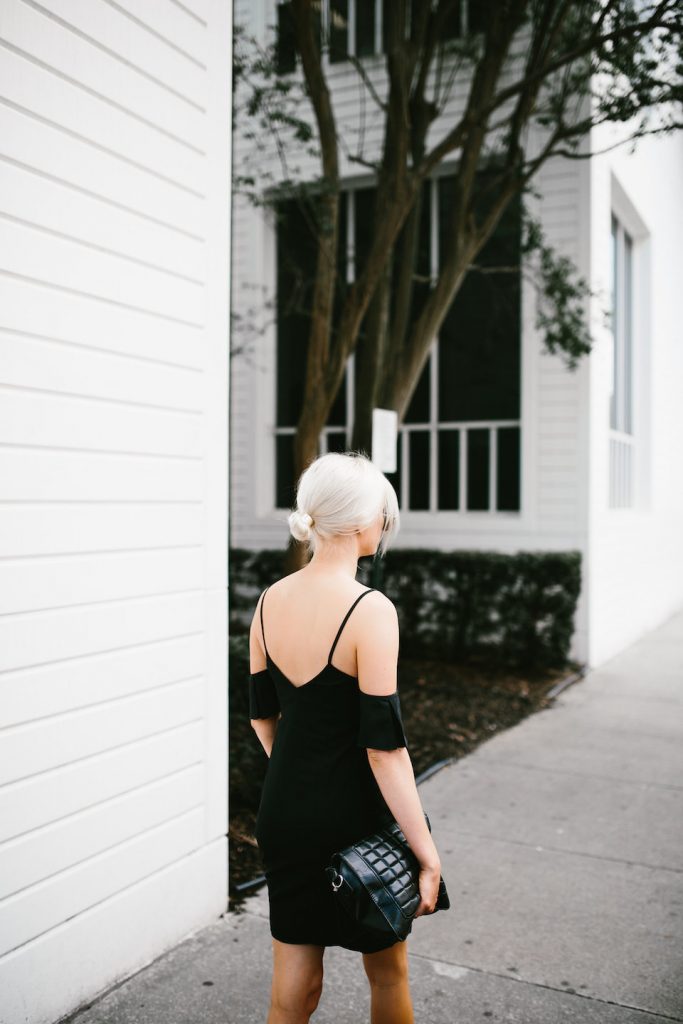 Saroka Frill Seeker dress off-the-shoulder black H&M slip-on sandals spring summer street style 2016 // Charleston Fashion Blogger Dannon Almost Happening