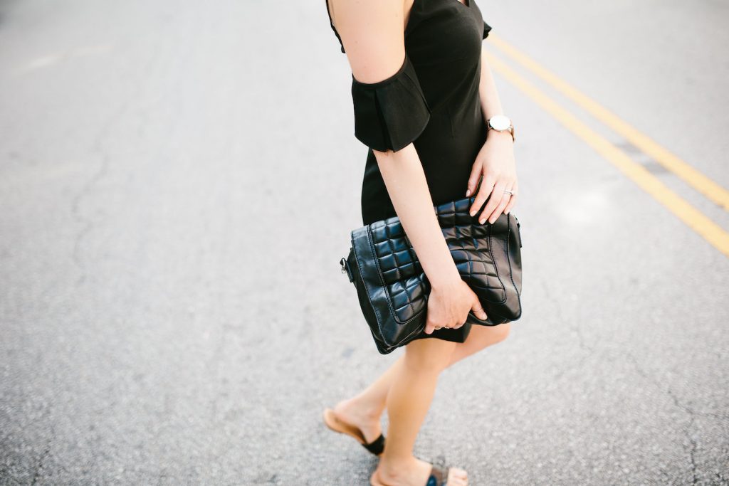 Saroka Frill Seeker dress off-the-shoulder black H&M slip-on sandals spring summer street style 2016 // Charleston Fashion Blogger Dannon Almost Happening