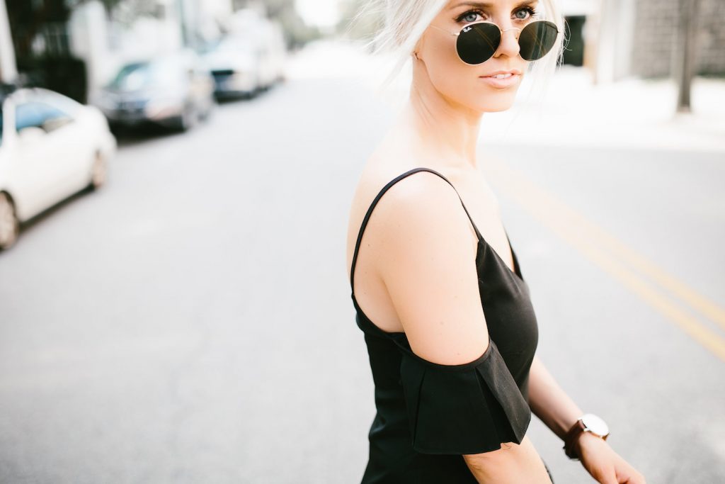 Saroka Frill Seeker dress off-the-shoulder black H&M slip-on sandals spring summer street style 2016 // Charleston Fashion Blogger Dannon Almost Happening