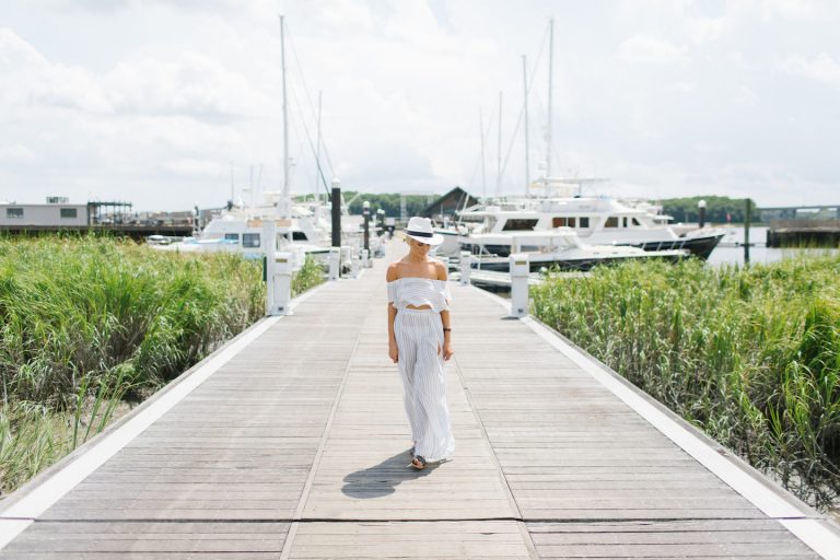 Sailing Away ASOS Stripe Beach Co-ord set Frill off-the-shoulder top wide leg split pant cover-up Harbor Marina // Charleston Fashion Blogger Dannon Almost Happening