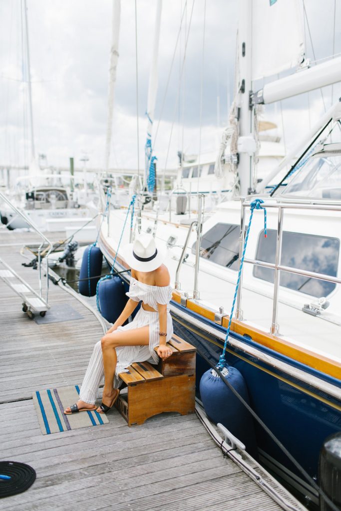 Sailing Away ASOS Stripe Beach Co-ord set Frill off-the-shoulder top wide leg split pant cover-up Harbor Marina // Charleston Fashion Blogger Dannon Almost Happening 