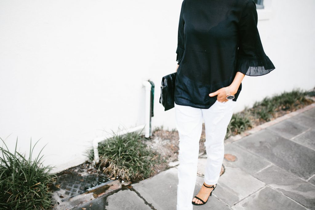 Monki Frill Sleeve Blouse Black Asos Summer Street Style 2016 White distressed boyfriend jeans J. Brand // Charleston Fashion Blogger Dannon Almost Happening 