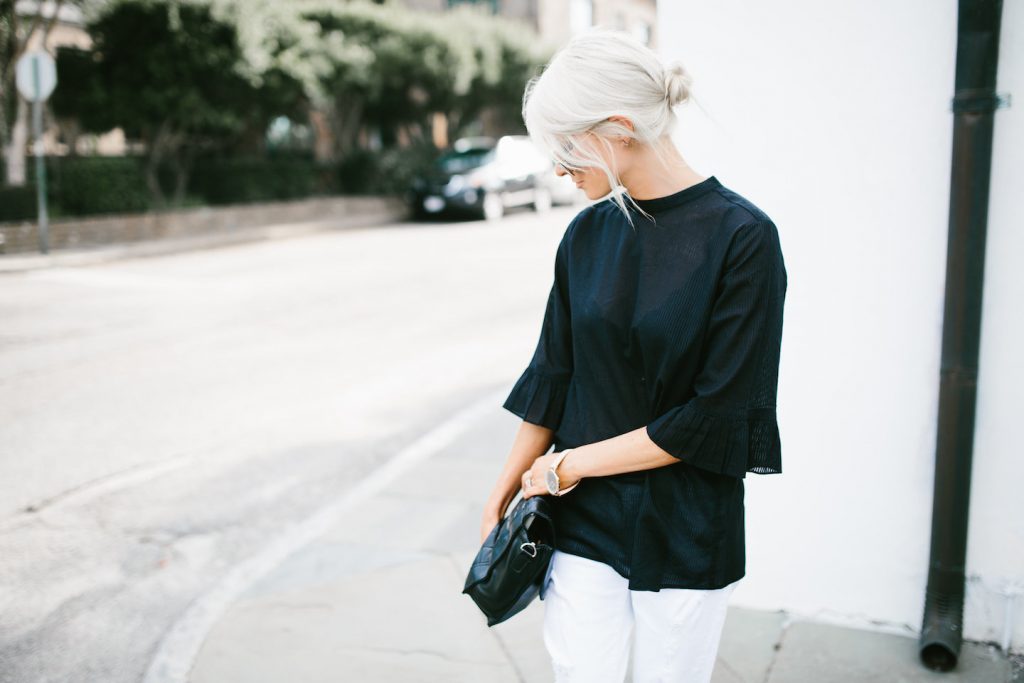 Monki Frill Sleeve Blouse Black Asos Summer Street Style 2016 White distressed boyfriend jeans J. Brand // Charleston Fashion Blogger Dannon Almost Happening 