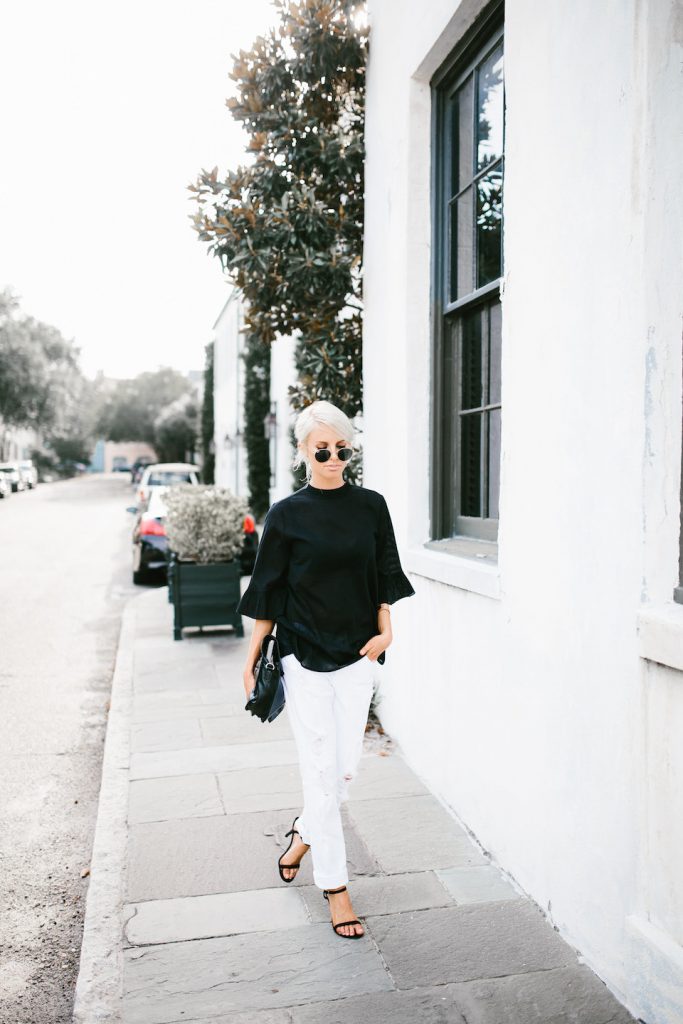 Monki Frill Sleeve Blouse Black Asos Summer Street Style 2016 White distressed boyfriend jeans J. Brand // Charleston Fashion Blogger Dannon Almost Happening 