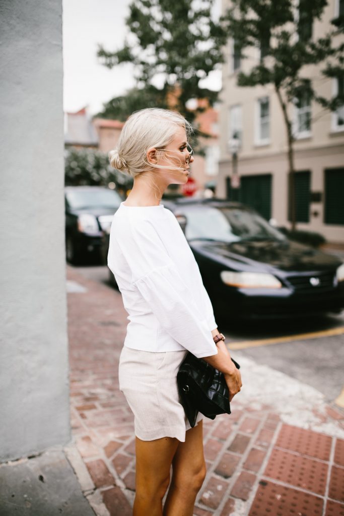 Bell Sleeves H&M ruffle boatneck top James Jeans Trouser High waist shorts Summer Street Style 2016   // Charleston Fashion Blogger Dannon Almost Happening  