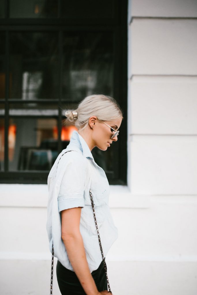 Classic Denim and Leather chambray short sleeve button up leather pencil skirt ankle strap heels Minimalist Summer 2016 // Charleston Fashion Blogger Dannon Almost Happening 