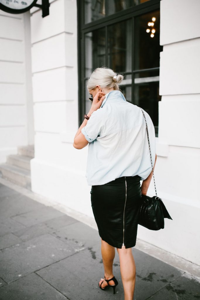 Classic Denim and Leather chambray short sleeve button up leather pencil skirt ankle strap heels Minimalist Summer 2016 // Charleston Fashion Blogger Dannon Almost Happening 