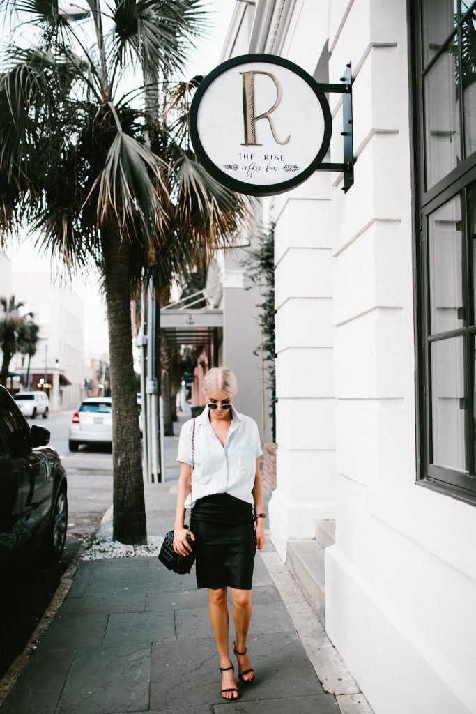Classic Denim and Leather chambray short sleeve button up leather pencil skirt ankle strap heels Minimalist Summer 2016 // Charleston Fashion Blogger Dannon Almost Happening 