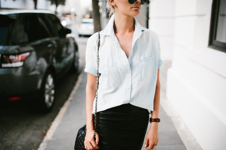 Classic Denim and Leather chambray short sleeve button up leather pencil skirt ankle strap heels Minimalist Summer 2016 // Charleston Fashion Blogger Dannon Almost Happening