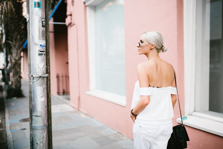All white Cmeo Collective All Under You Palisades Top Off the Shoulder structured white distressed boyfriend denim Neo James Jeans Minimalist Summer 2016 // Charleston Fashion Blogger Dannon Almost Happening