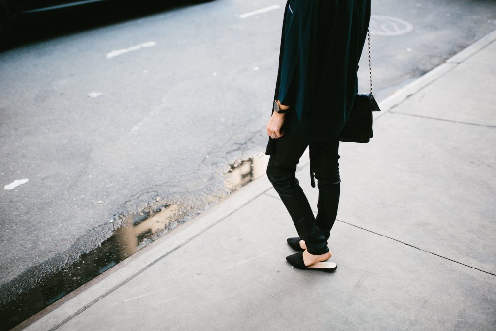 Airport Wear Navy Silk Pajama Top NYFW 16 white trim black skinny jeans leather leggings slip-on sandals mules New York Fashion Week 2016 SS17 Street Style Fashion Trends Runway // Charleston Fashion Blogger Dannon Almost Happening