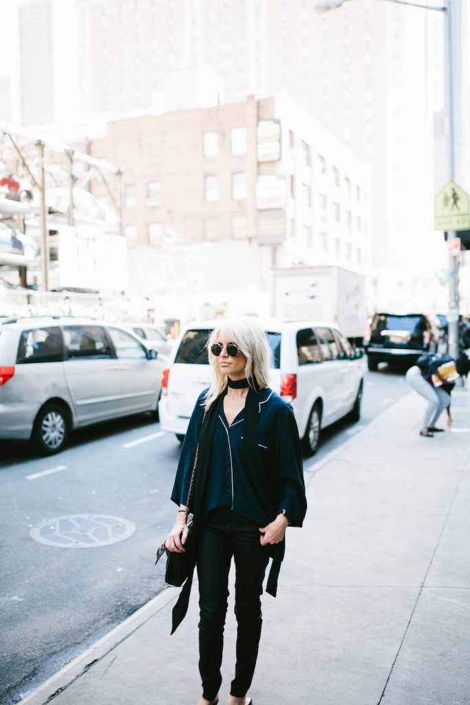 Airport Wear Navy Silk Pajama Top NYFW 16 white trim black skinny jeans leather leggings slip-on sandals mules New York Fashion Week 2016 SS17 Street Style Fashion Trends Runway // Charleston Fashion Blogger Dannon Almost Happening