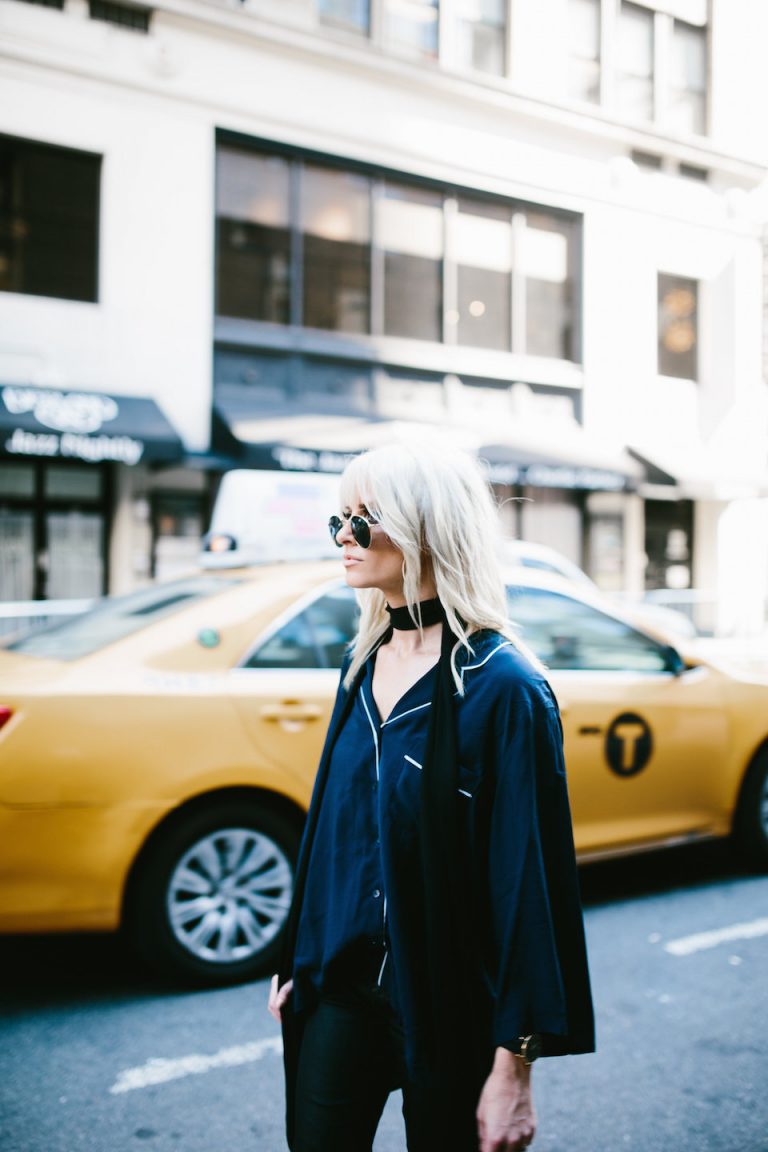 Airport Wear Navy Silk Pajama Top NYFW 16 white trim black skinny jeans leather leggings slip-on sandals mules New York Fashion Week 2016 SS17 Street Style Fashion Trends Runway // Charleston Fashion Blogger Dannon Almost Happening