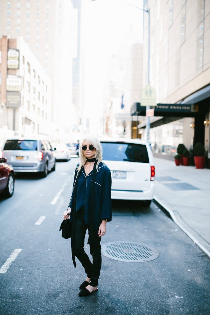 Airport Wear Navy Silk Pajama Top NYFW 16 white trim black skinny jeans leather leggings slip-on sandals mules New York Fashion Week 2016 SS17 Street Style Fashion Trends Runway // Charleston Fashion Blogger Dannon Almost Happening