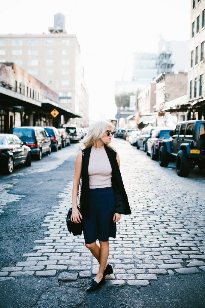 Boyish NYFW Street Style New York Fashion Week 2016 SS17 Street Style Fashion Trends Runway shaggy 70’s hair bangs women ribbed mock neck tank Abercrombie & Fitch Long satin bermuda shorts H&M Longline Black Vest Loafers Forever 21 // Charleston Fashion Blogger Dannon Almost Happening 