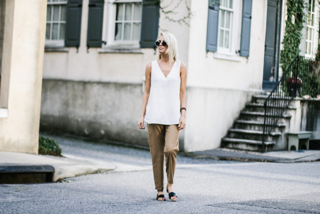 Old Navy Camel Harper Trousers V neck Tank black slip on sandals Street Style Blogger // Charleston Fashion Blogger Dannon Almost Happening