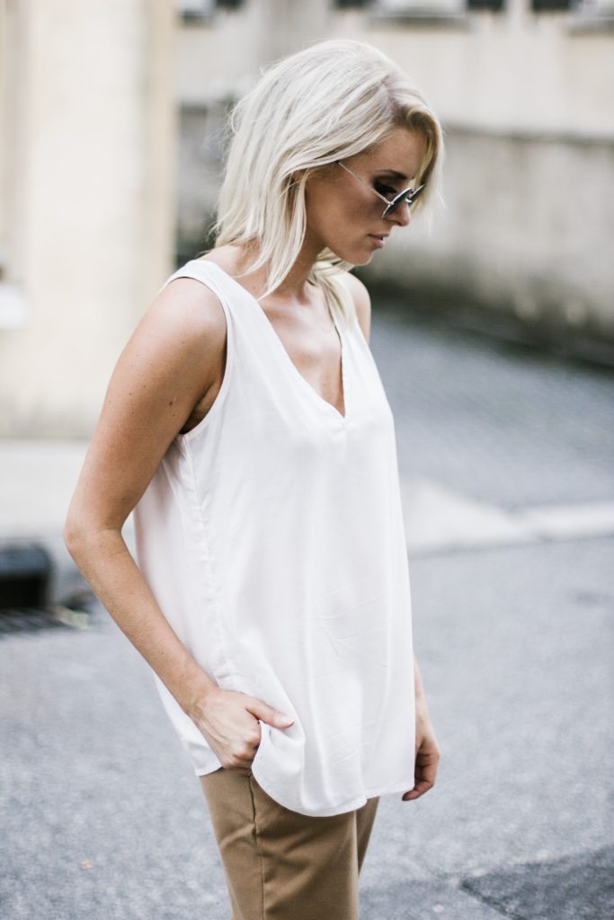 Old Navy Camel Harper Trousers V neck Tank black slip on sandals Street Style Blogger // Charleston Fashion Blogger Dannon Almost Happening