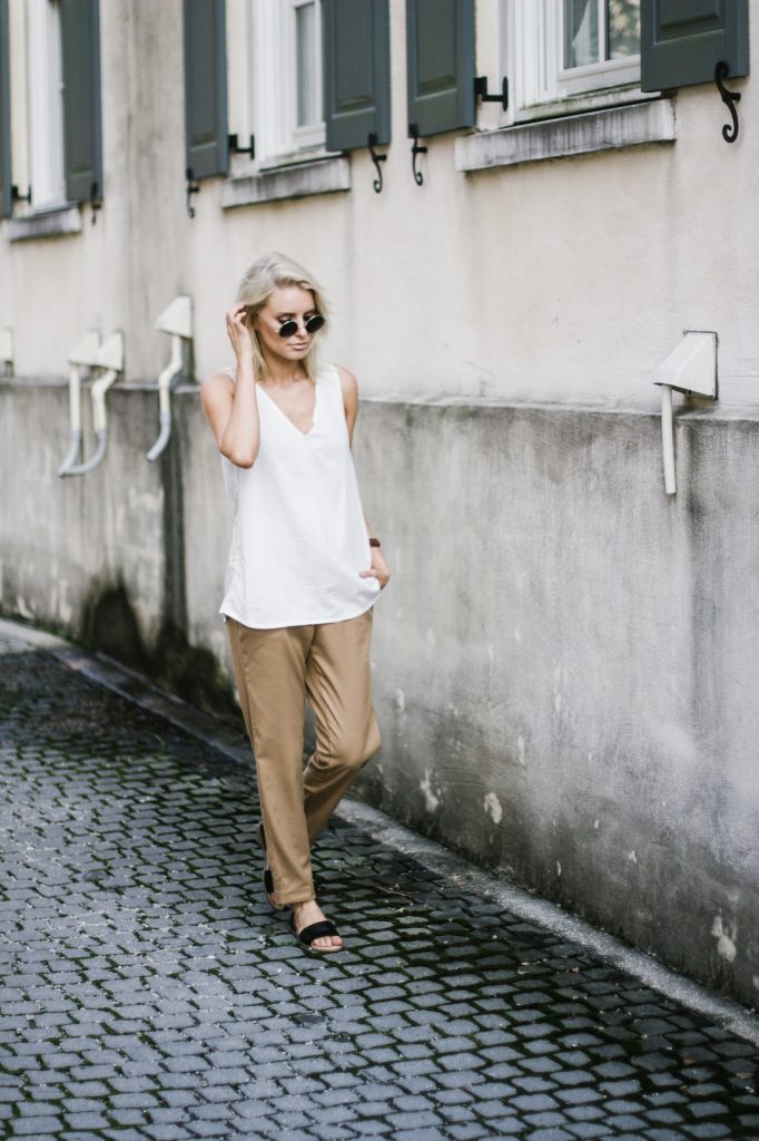 Old Navy Camel Harper Trousers V neck Tank black slip on sandals Street Style Blogger // Charleston Fashion Blogger Dannon Almost Happening