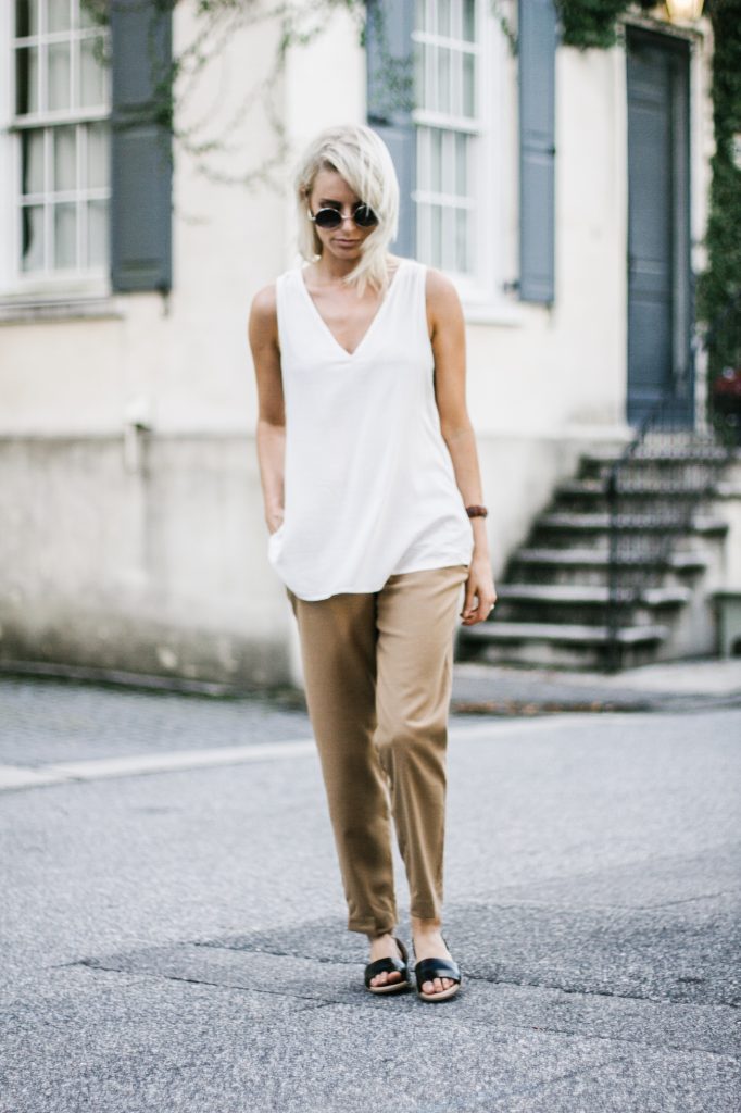 Old Navy Camel Harper Trousers V neck Tank black slip on sandals Street Style Blogger // Charleston Fashion Blogger Dannon Almost Happening