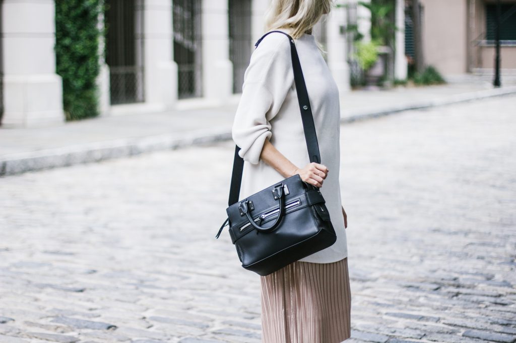 Rag & Bone Pilot Satchel oversized sweater metallic pleated skirt pointed nude patent leather flats street style fall autumn trends 2016 // Charleston Fashion Blogger Dannon Almost Happening
