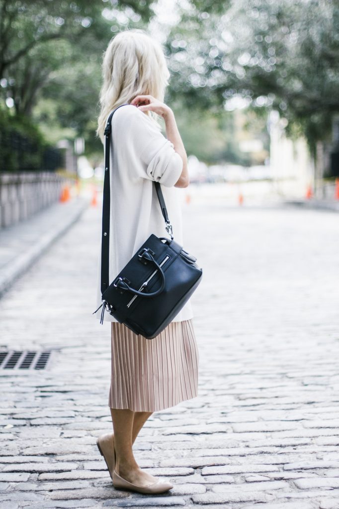 Rag & Bone Pilot Satchel oversized sweater metallic pleated skirt pointed nude patent leather flats street style fall autumn trends 2016 // Charleston Fashion Blogger Dannon Almost Happening