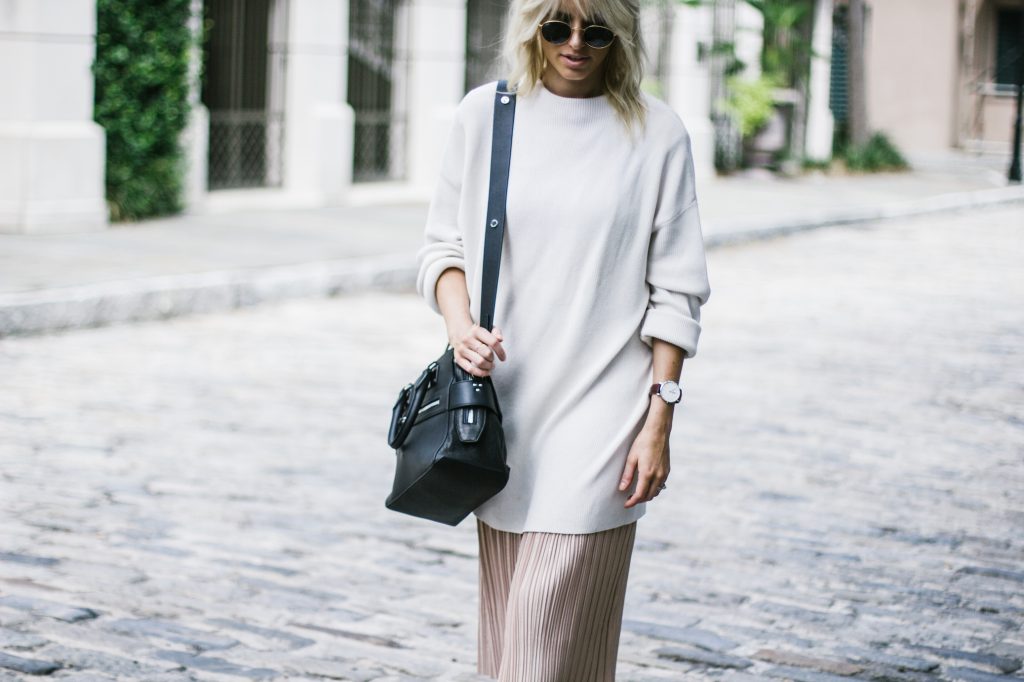Rag & Bone Pilot Satchel oversized sweater metallic pleated skirt pointed nude patent leather flats street style fall autumn trends 2016 // Charleston Fashion Blogger Dannon Almost Happening 
