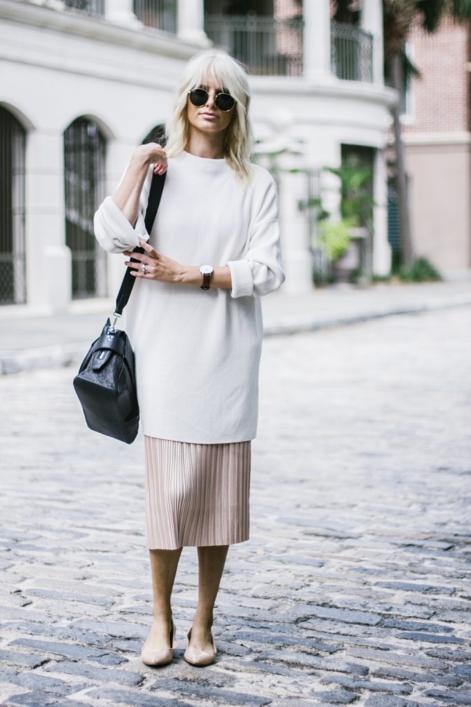 Rag & Bone Pilot Satchel oversized sweater metallic pleated skirt pointed nude patent leather flats street style fall autumn trends 2016 // Charleston Fashion Blogger Dannon Almost Happening