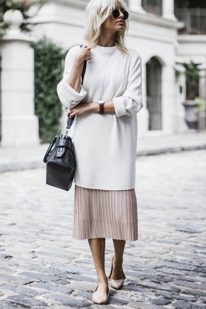 Rag & Bone Pilot Satchel oversized sweater metallic pleated skirt pointed nude patent leather flats street style fall autumn trends 2016 // Charleston Fashion Blogger Dannon Almost Happening 