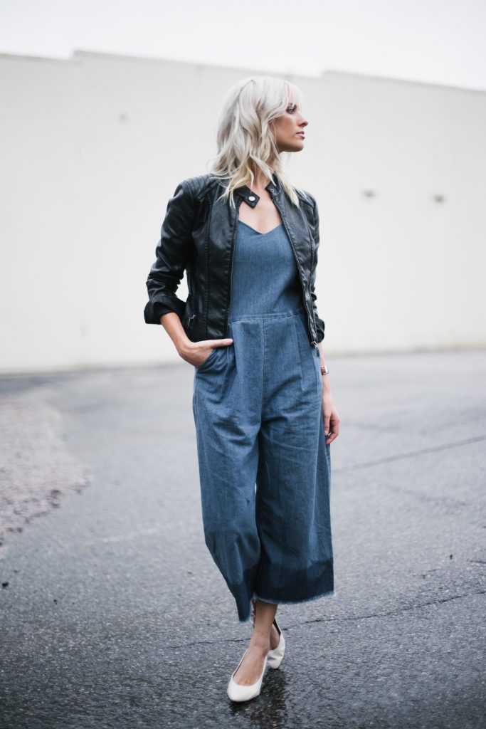 denim jumpsuit frayed wide leg culottes black biker leather jacket white kitten heels block blogger street style fall autumn 2016 // Charleston Fashion Blogger Dannon Almost Happening