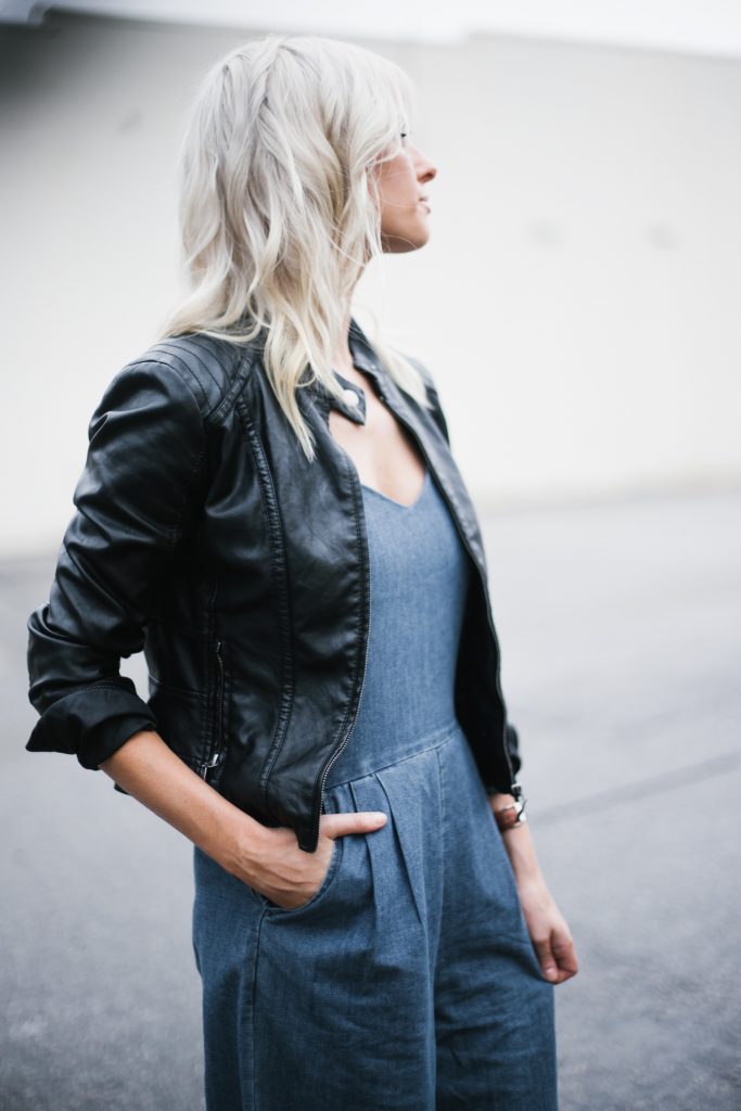 denim jumpsuit frayed wide leg culottes black biker leather jacket white kitten heels block blogger street style fall autumn 2016 // Charleston Fashion Blogger Dannon Almost Happening