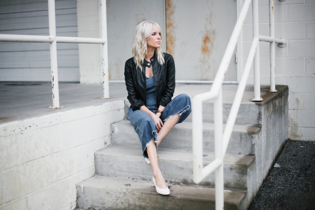 denim jumpsuit frayed wide leg culottes black biker leather jacket white kitten heels block blogger street style fall autumn 2016 // Charleston Fashion Blogger Dannon Almost Happening